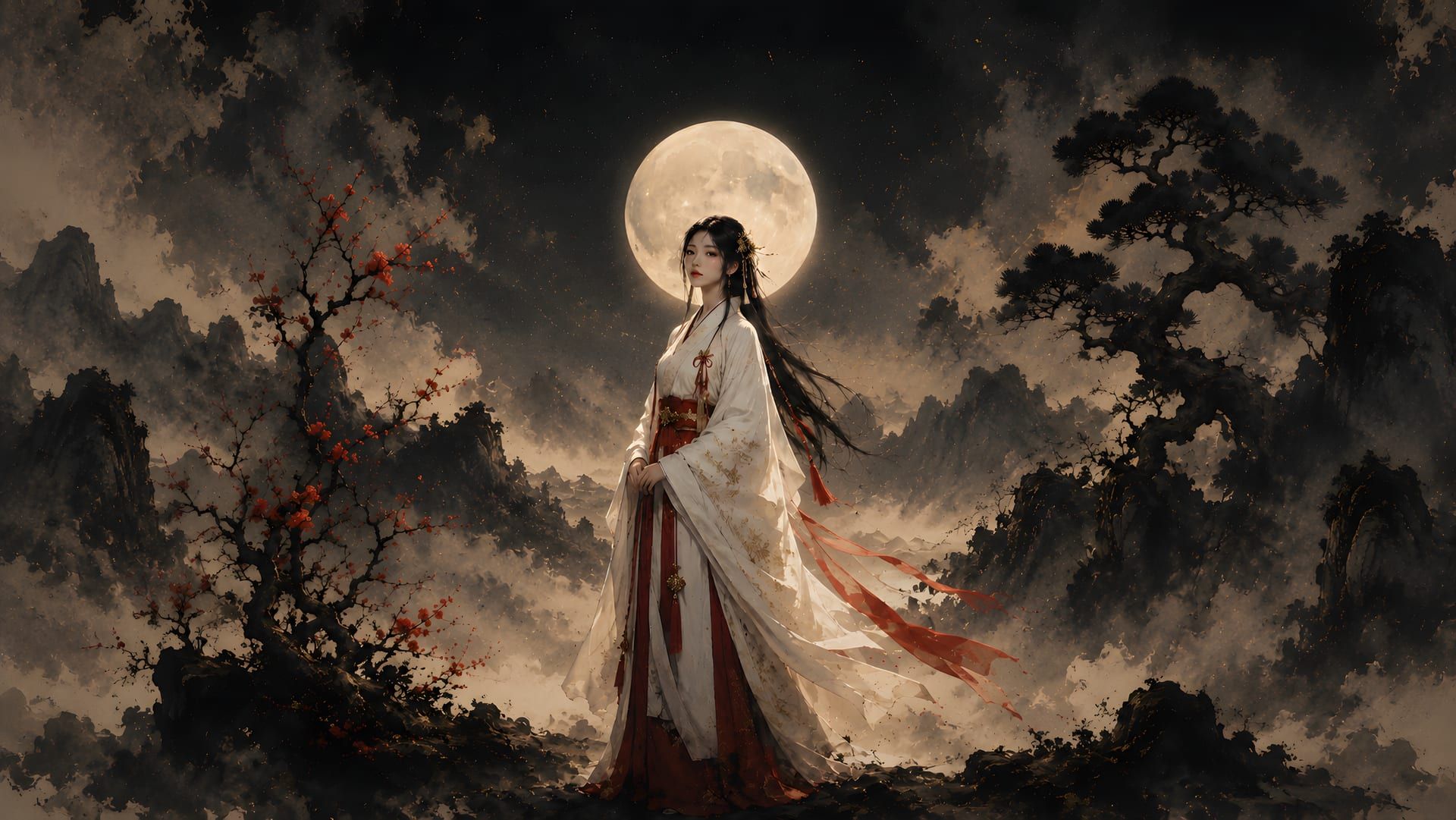 A fortune-telling guide in white-and-crimson robes beneath a full moon, pine, and plum blossom, in ink-and-gold Japanese style.
