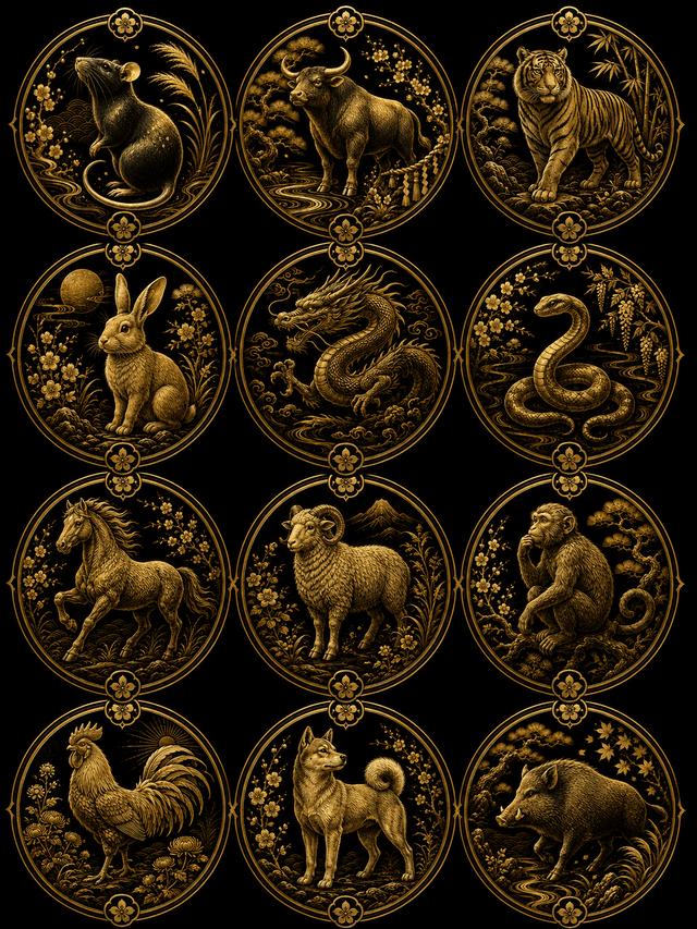 The twelve Japanese zodiac animals as a grid of gold medallions